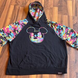 Angry Mickey Mouse Black Hoodie with Camo Colorful Sleeves. Official Disney.